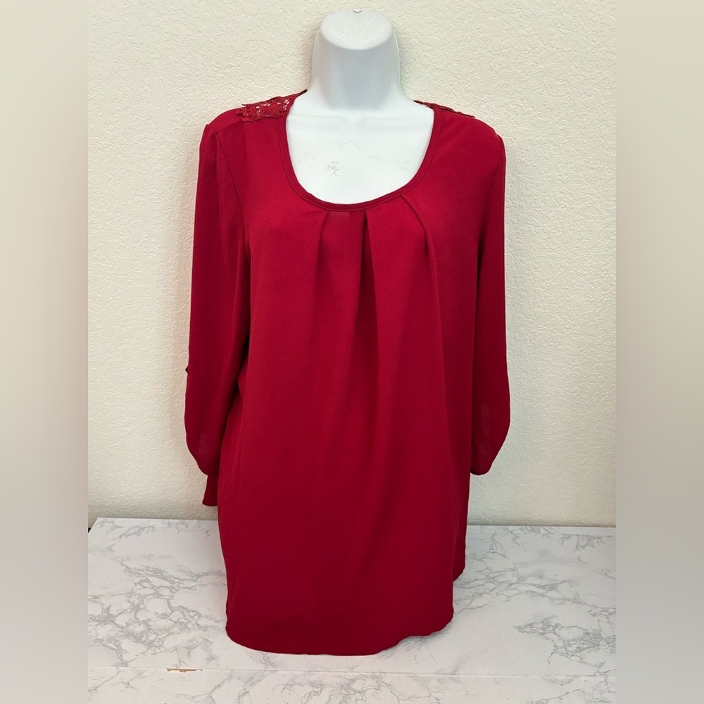 Vintage Pecas Long Sleeve Pleated Blouse Women’s XL Red Sheet Floral Back​​